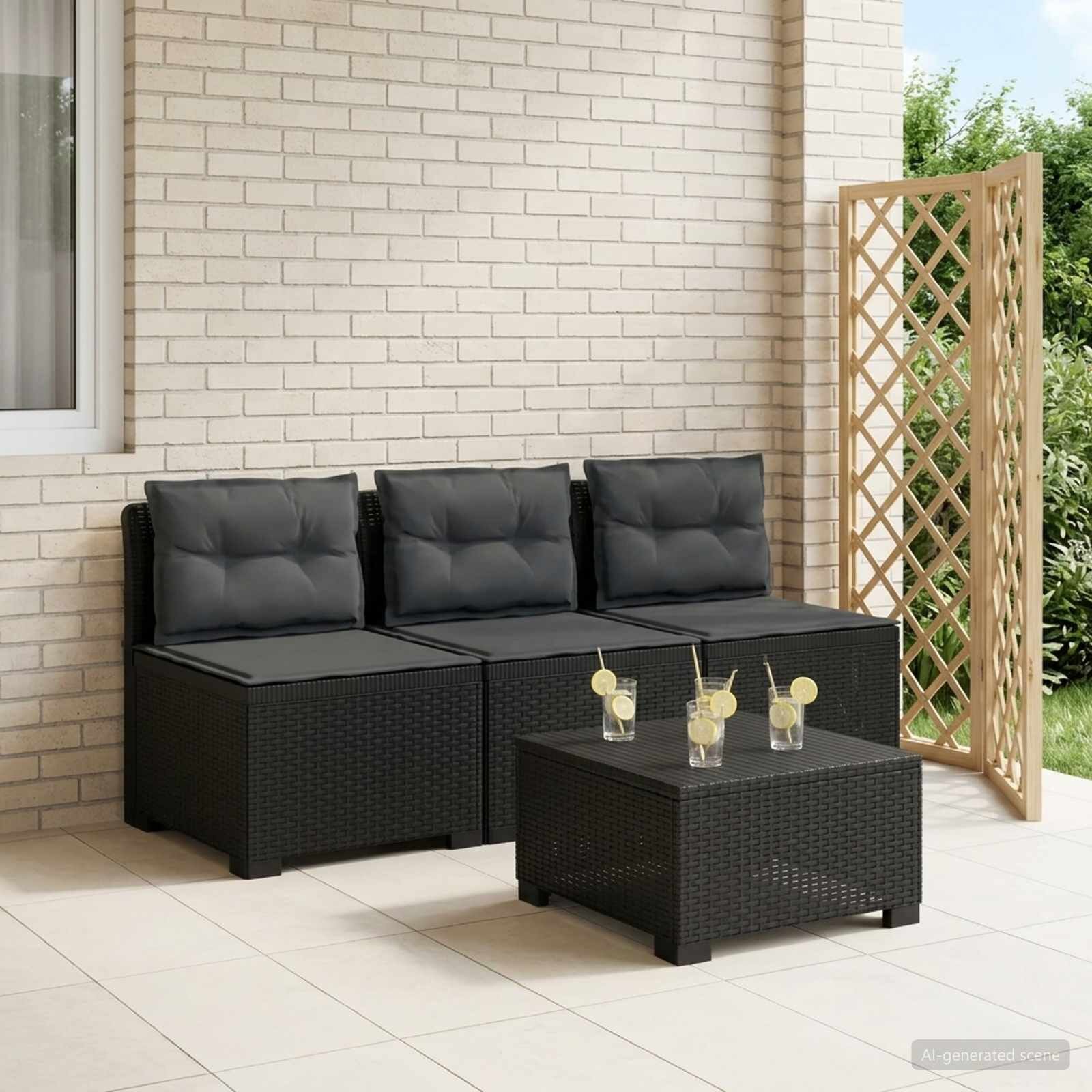 vidaXL Пейка за градина с Cushions във вид на ратан 3-местен ПП
