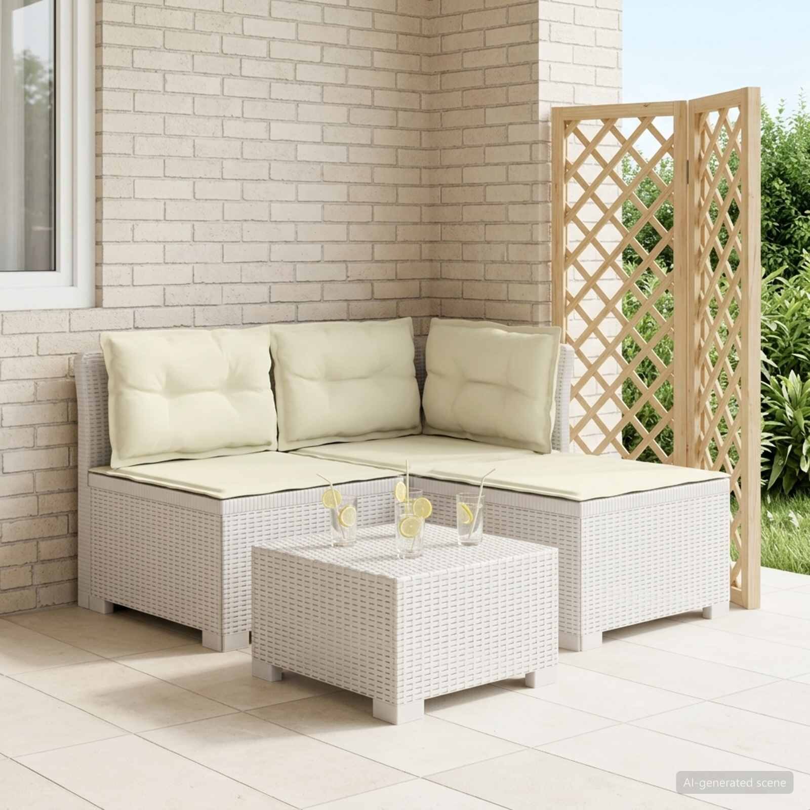 vidaXL Пейка за градина с Cushions във вид на ратан 3-местен ПП Бяло
