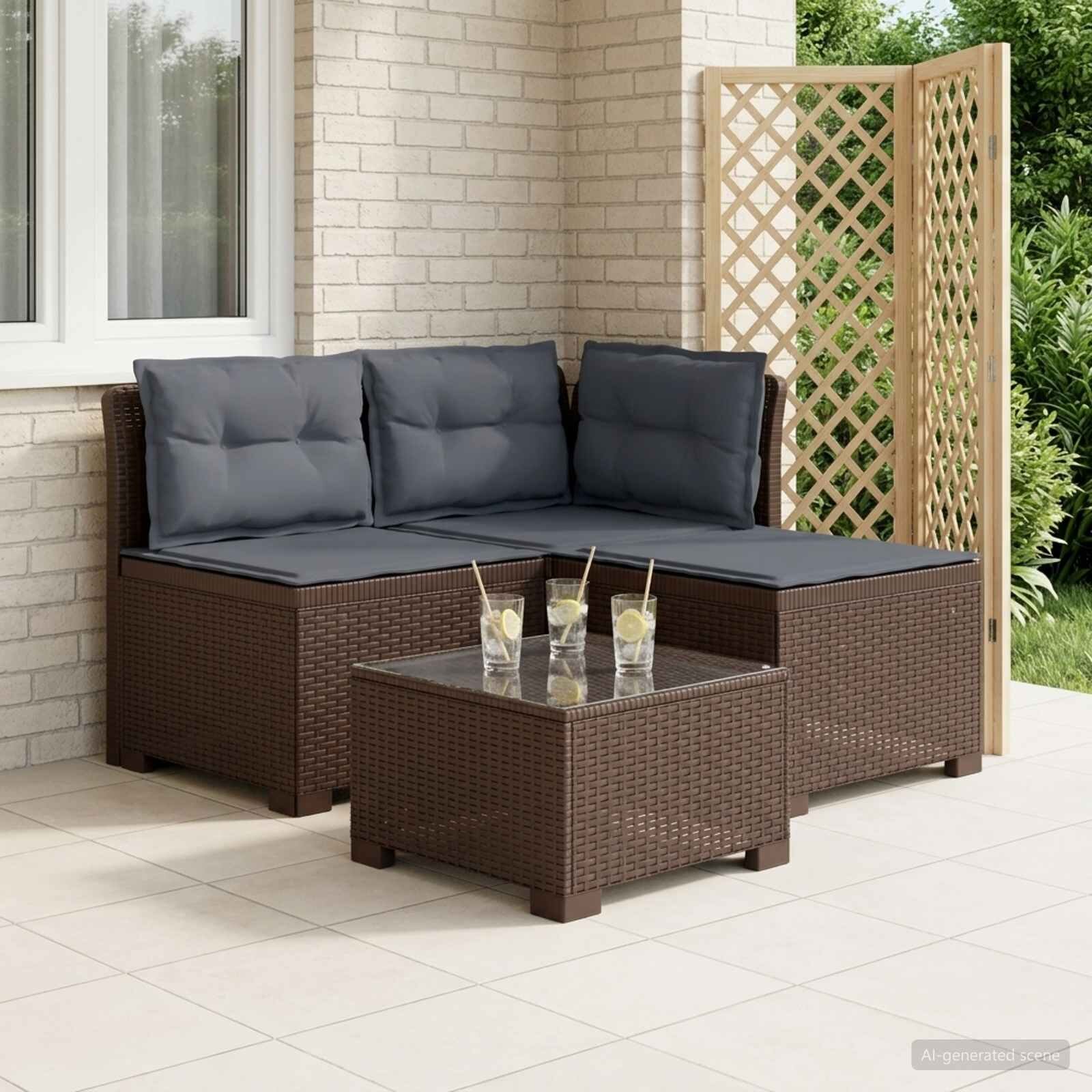vidaXL Пейка за градина с Cushions във вид на ратан 3-местен ПП Кафяво