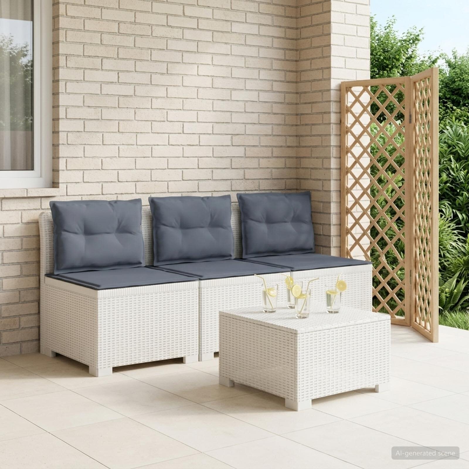 vidaXL Пейка за градина с Cushions във вид на ратан ПП Бяло