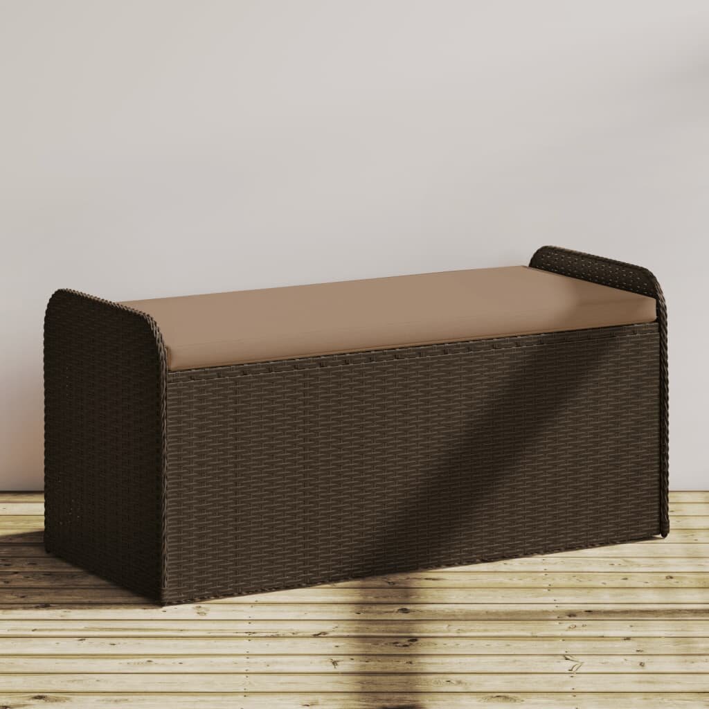 vidaXL Пейка за съхранение с възглавница кафява 115x51x52 см полиратан