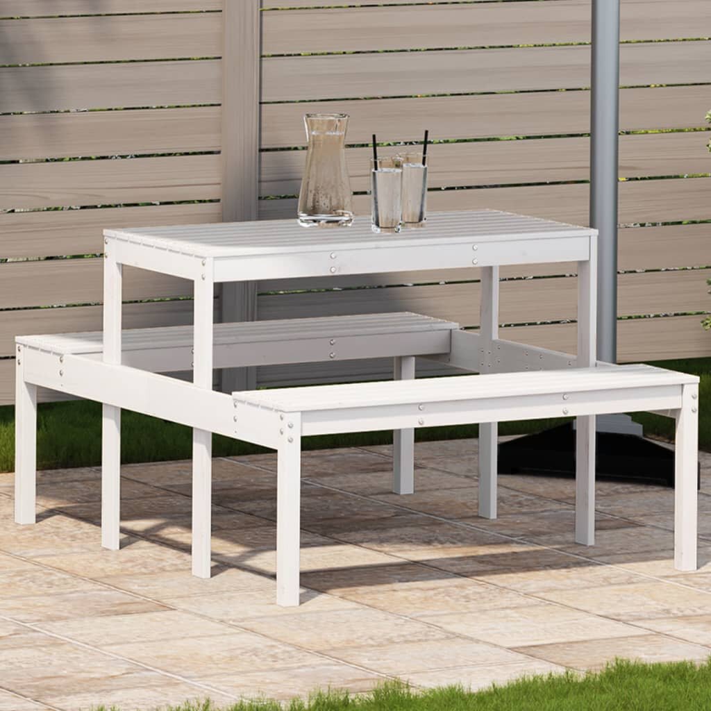 vidaXL Пикник маса бяла 110x134x75 см борово дърво масив