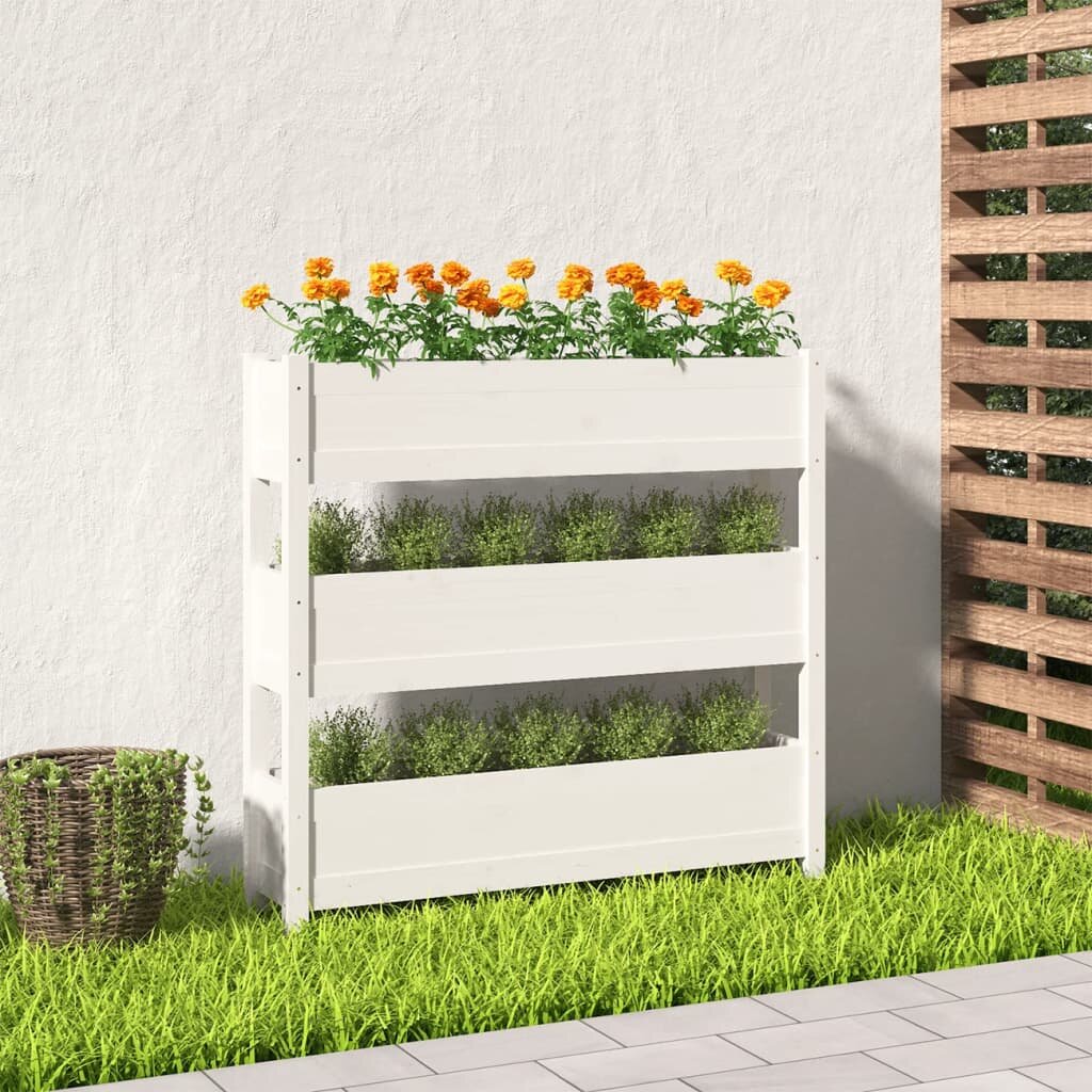 vidaXL Плантер бяла 112x25x1045 см борово дърво масив