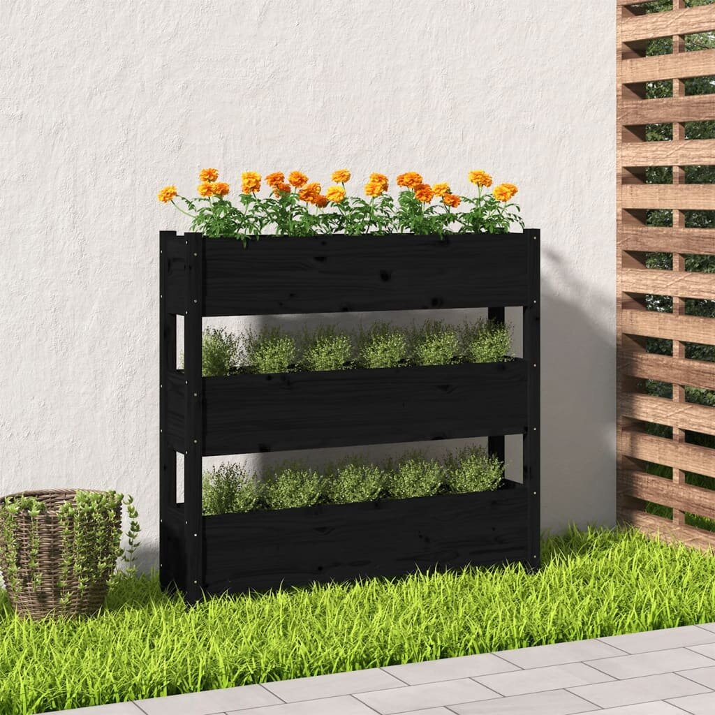 vidaXL Плантер черен 112x25x1045 см борово дърво масив