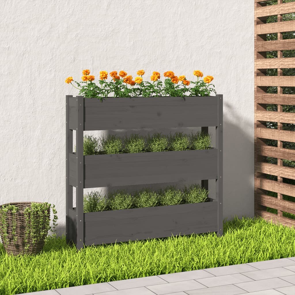 vidaXL Плантер сив 112x25x1045 см борово дърво масив