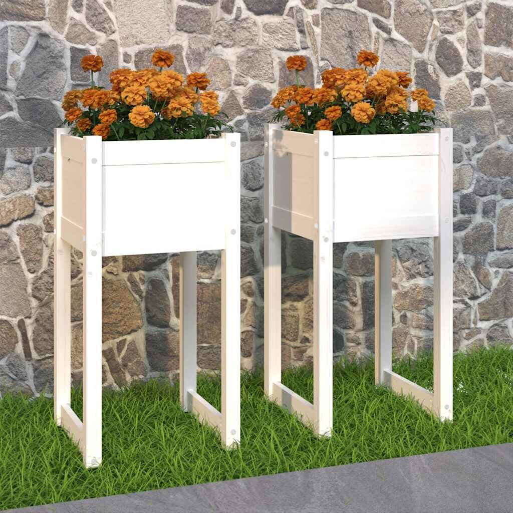 vidaXL Плантери 2 бр бяла 40x40x81 см борово дърво масив