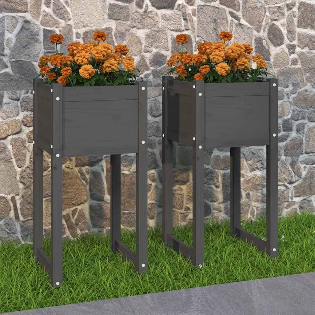 vidaXL Плантери 2 бр сив 40x40x81 см борово дърво масив