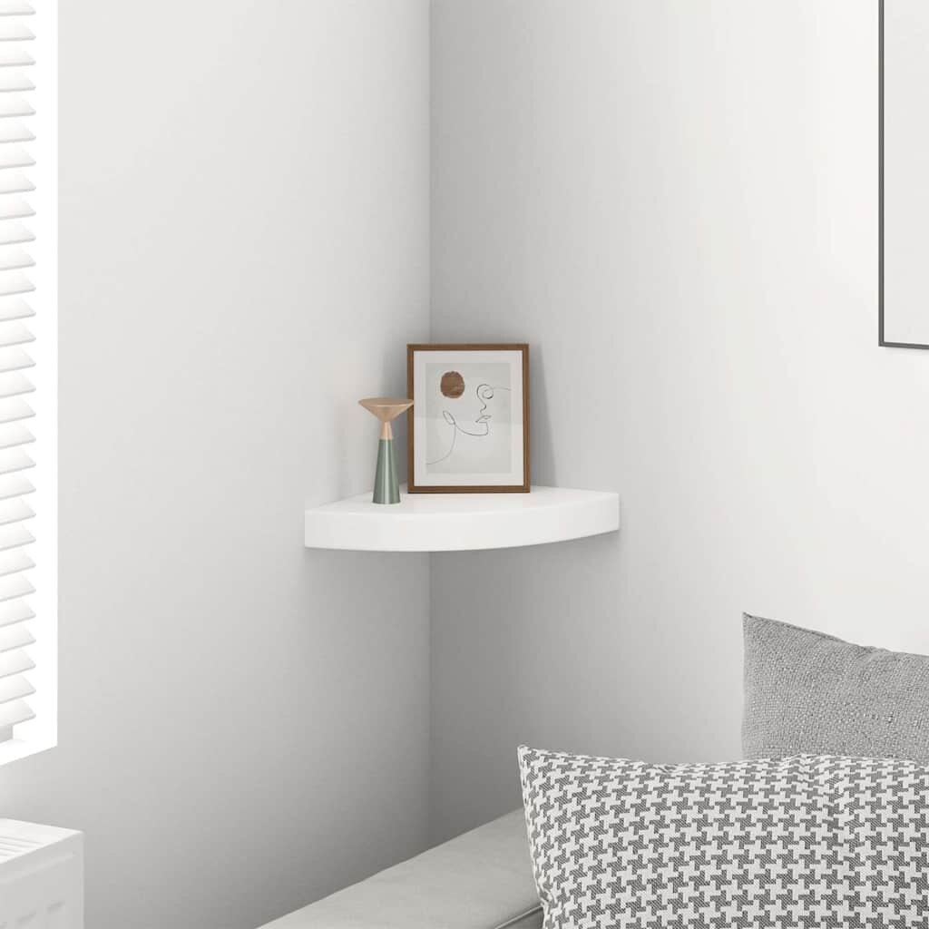 vidaXL Плаващ ъглов рафт бял гланц 25x25x38 см MDF