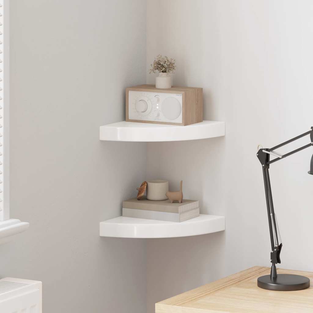 vidaXL Плаващи ъглови рафтове 2 бр. бяло гланц 25x25x38 см MDF