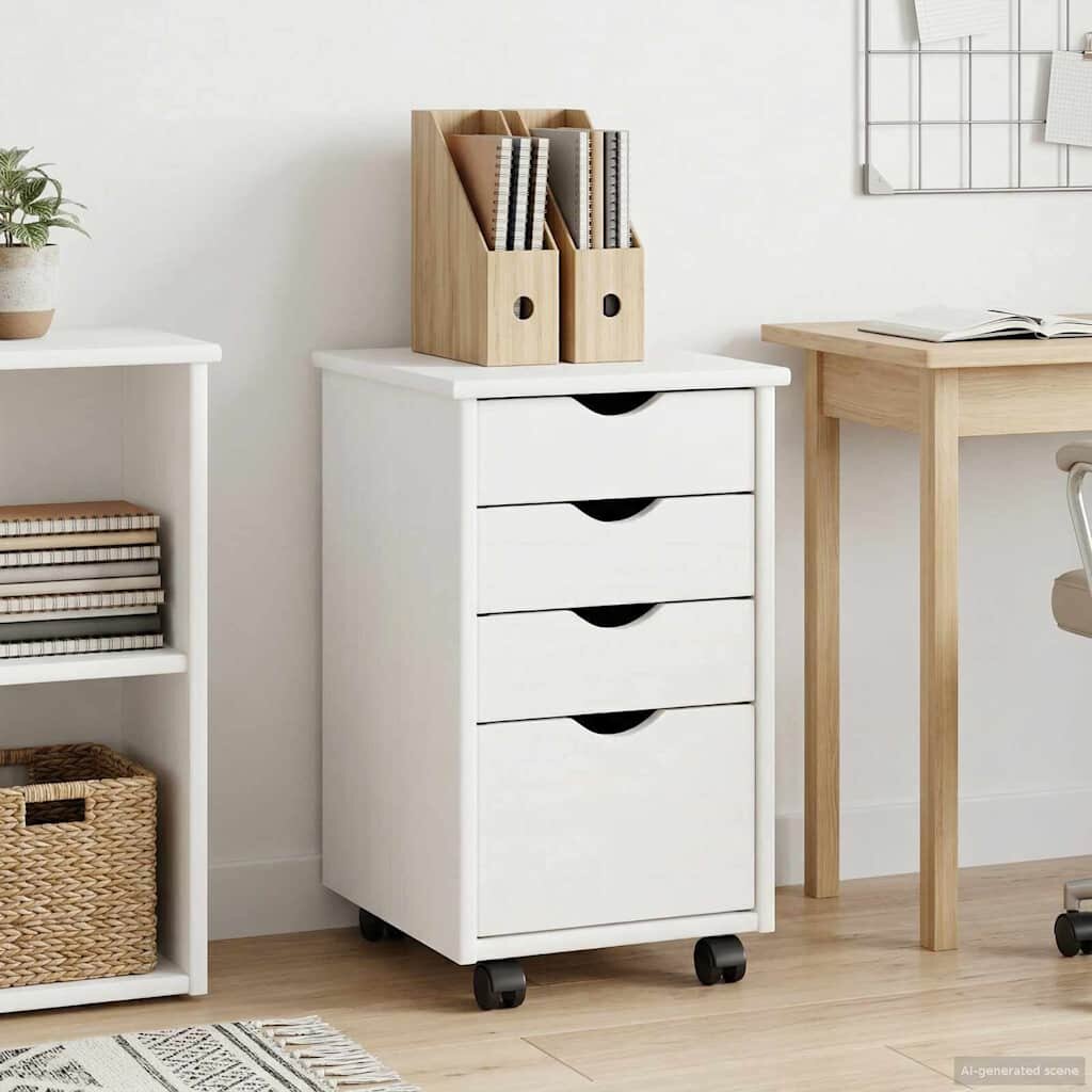 vidaXL Плъзгащ кабинет с колело Бял 34 x 39 x 56 см Масивна боровина