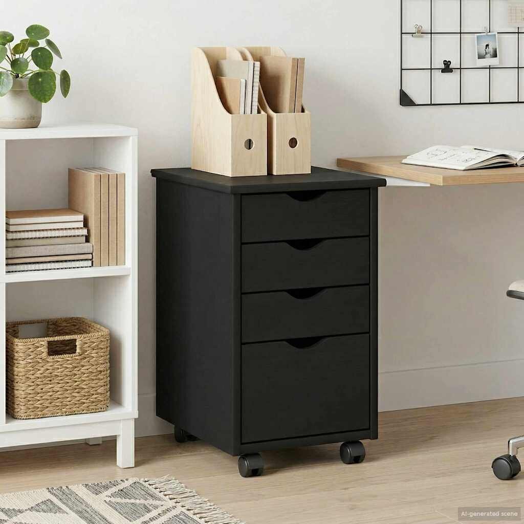 vidaXL Плъзгащ кабинет с колело Черен 34 x 39 x 56 см Масивна боровина