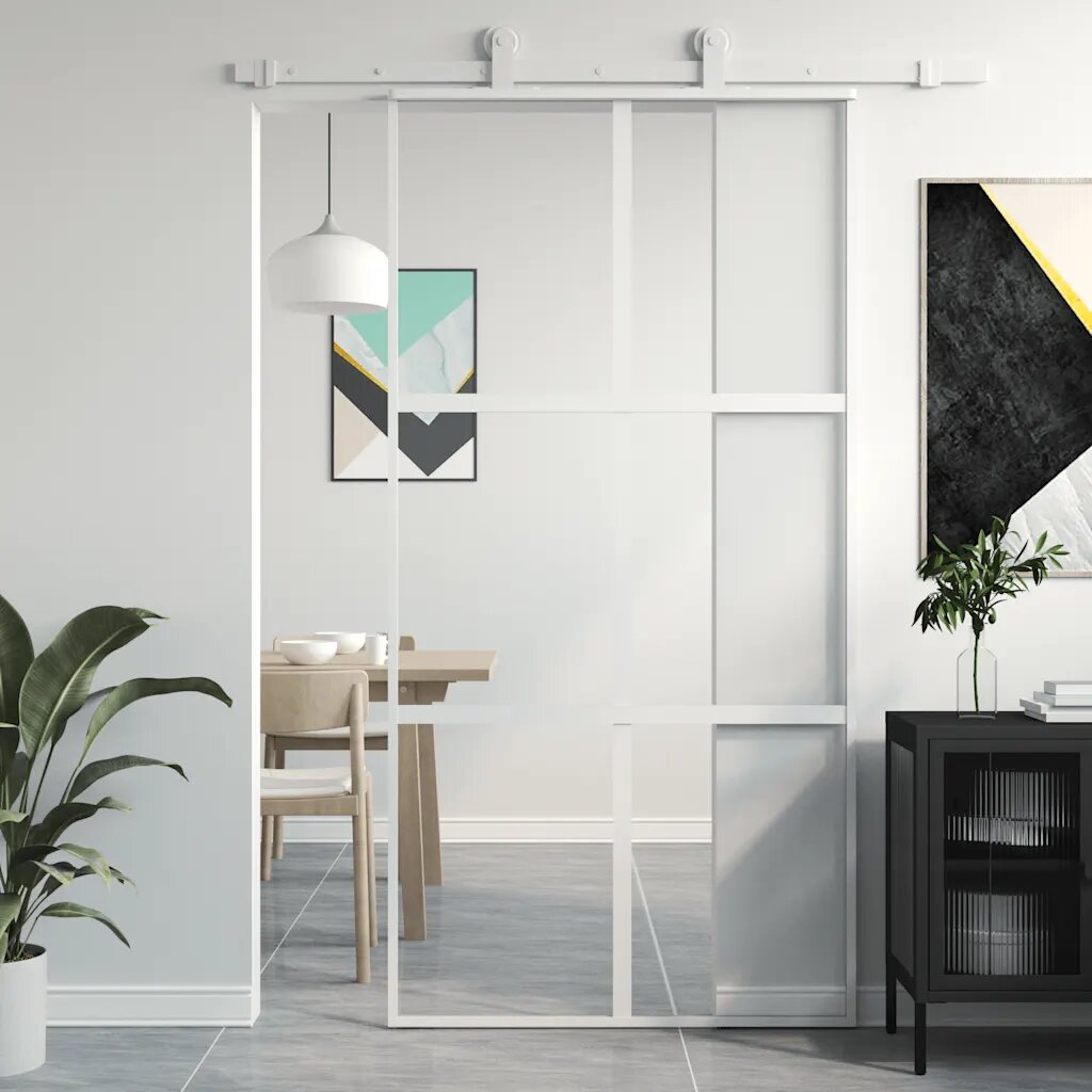 vidaXL Плъзгаща се врата бяла 1025x205 см закалено стъкло и алуминий