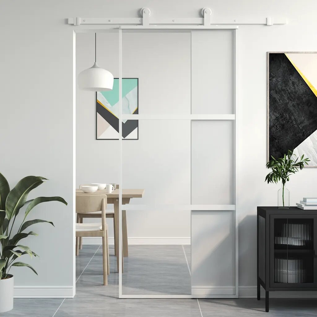 vidaXL Плъзгаща се врата бяла 90x205 см закалено стъкло и алуминий