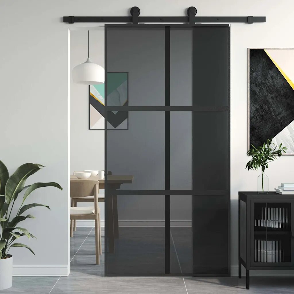 vidaXL Плъзгаща се врата черна 1025x205 см закалено стъкло и алуминий
