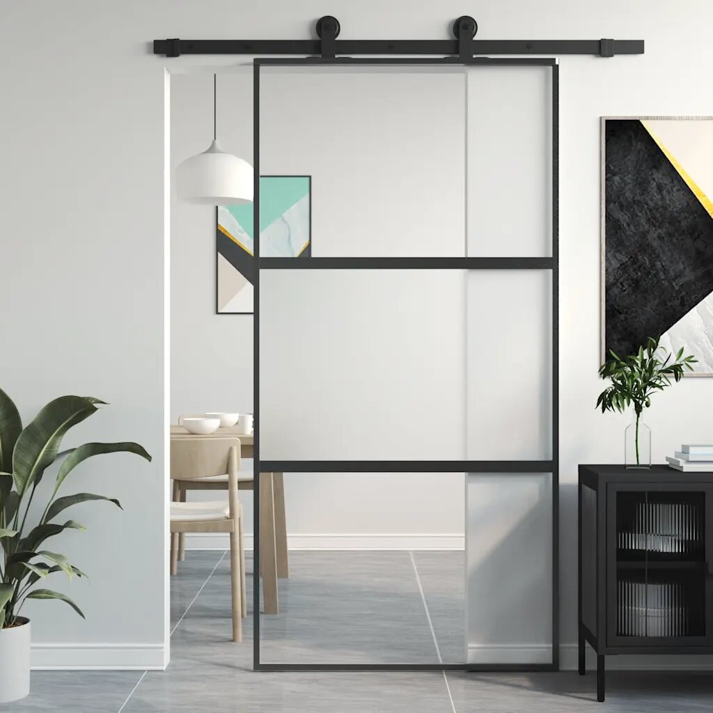 vidaXL Плъзгаща се врата черна 1025x205 см закалено стъкло и алуминий
