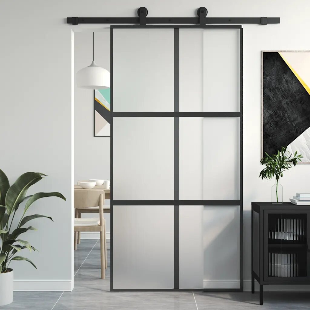 vidaXL Плъзгаща се врата черна 1025x205 см закалено стъкло и алуминий