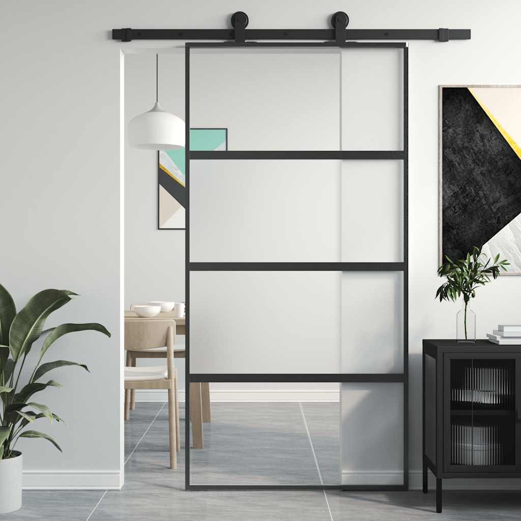 vidaXL Плъзгаща се врата черна 1025x205 см закалено стъкло и алуминий