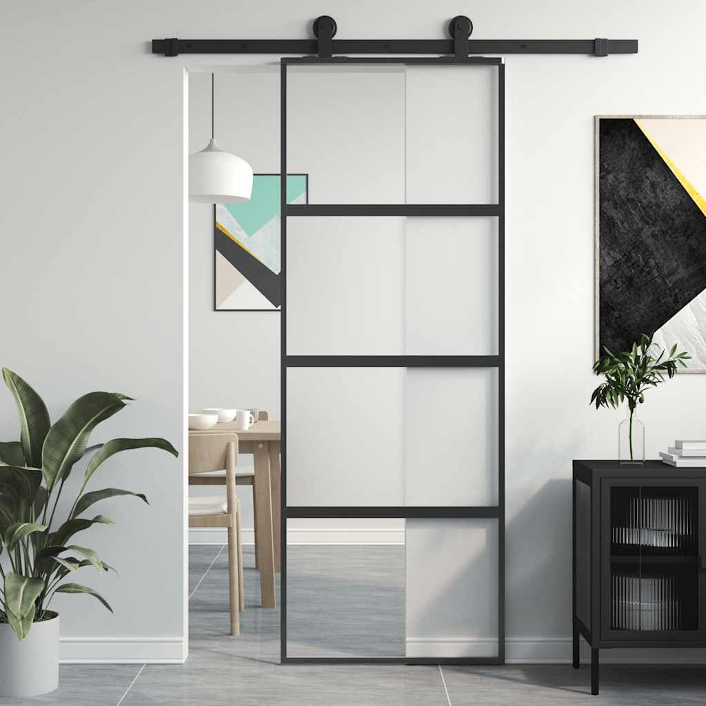 vidaXL Плъзгаща се врата черна 76x205 см закалено стъкло и алуминий
