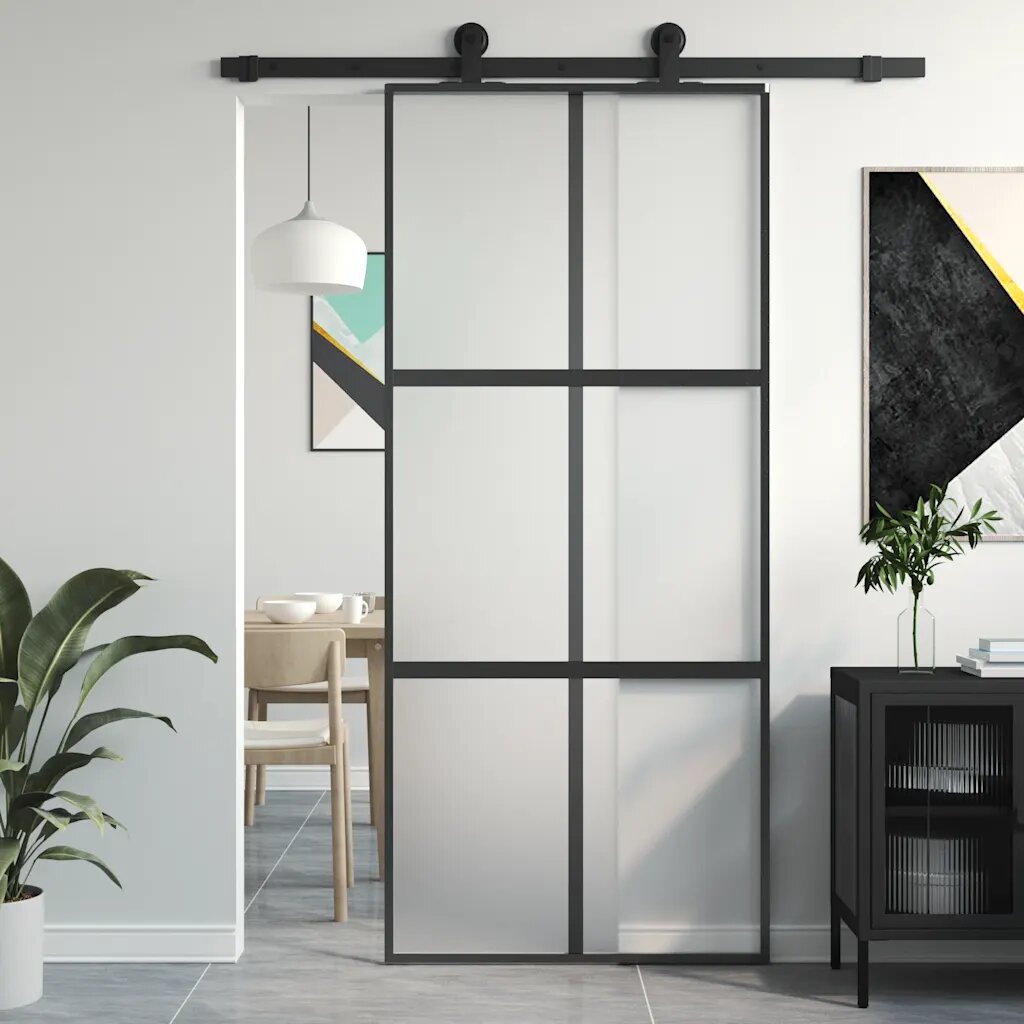 vidaXL Плъзгаща се врата черна 90x205 см закалено стъкло и алуминий