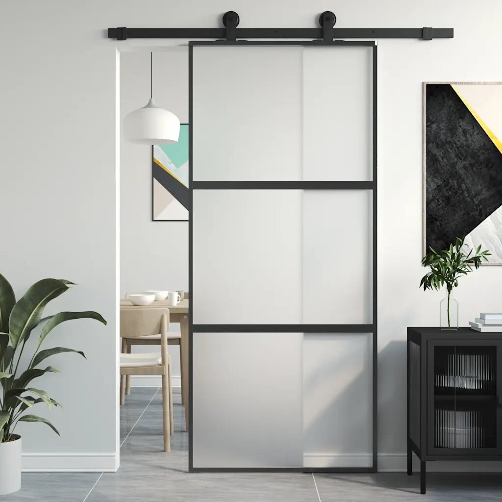 vidaXL Плъзгаща се врата черна 90x205 см закалено стъкло и алуминий