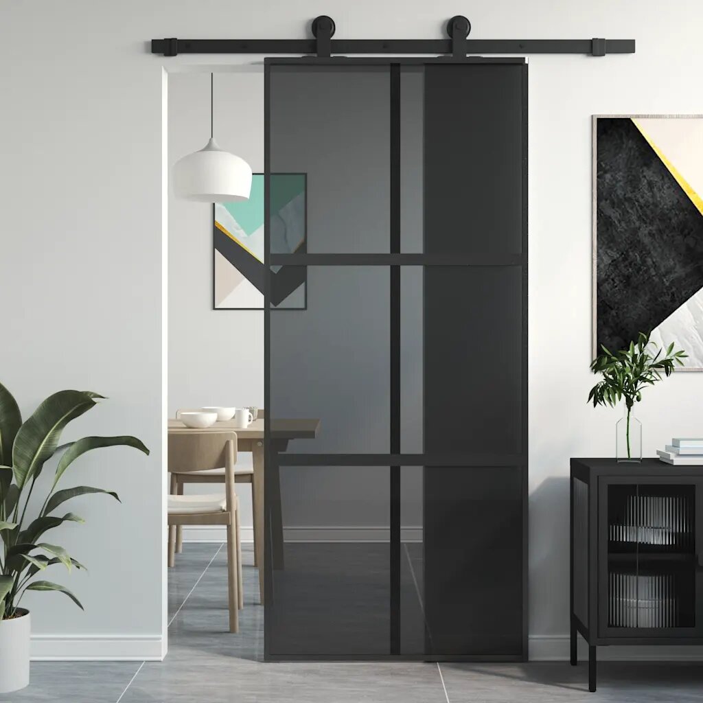 vidaXL Плъзгаща се врата черна 90x205 см закалено стъкло и алуминий