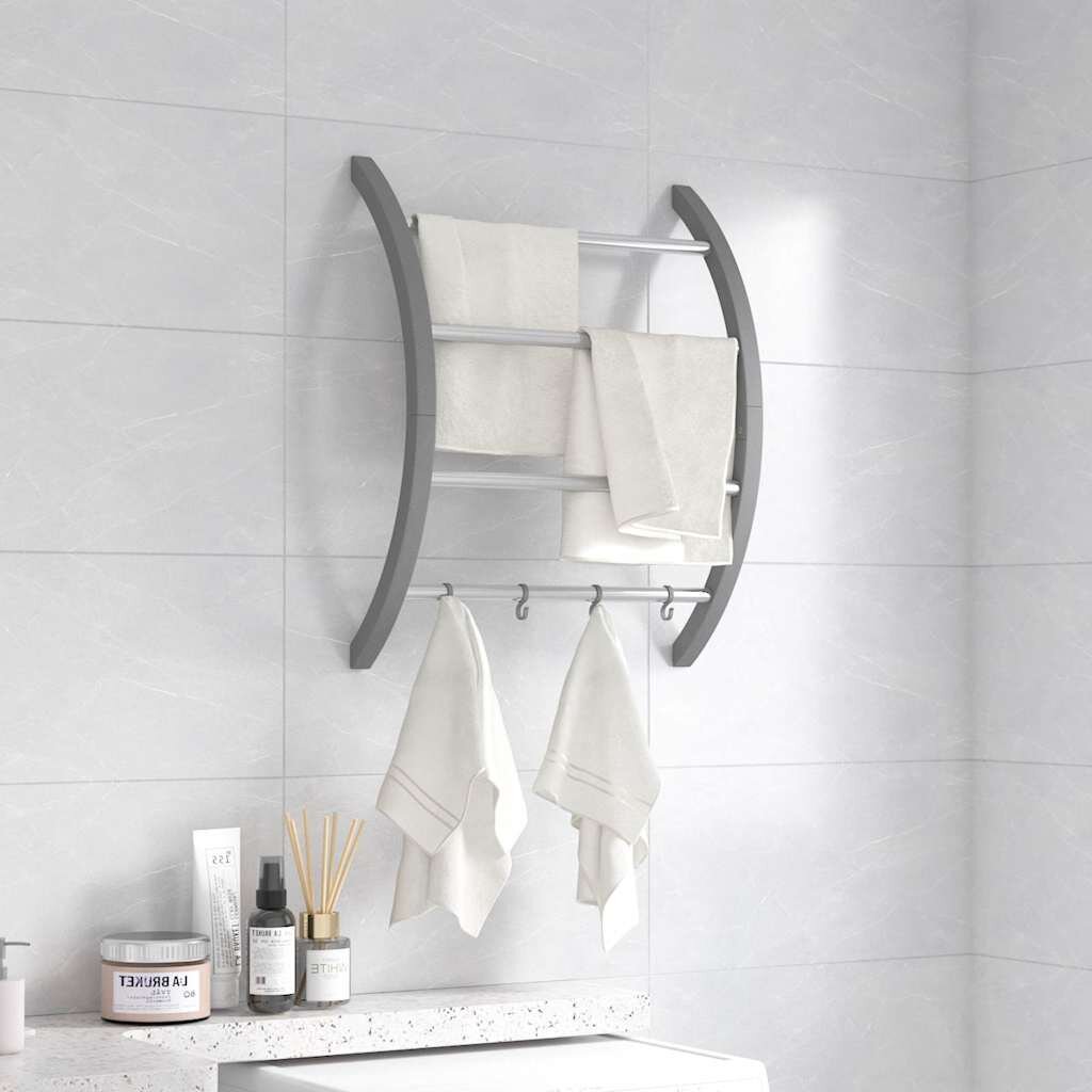 vidaXL Поставка за хавлии с куки сребриста 56x16x72 см алуминий