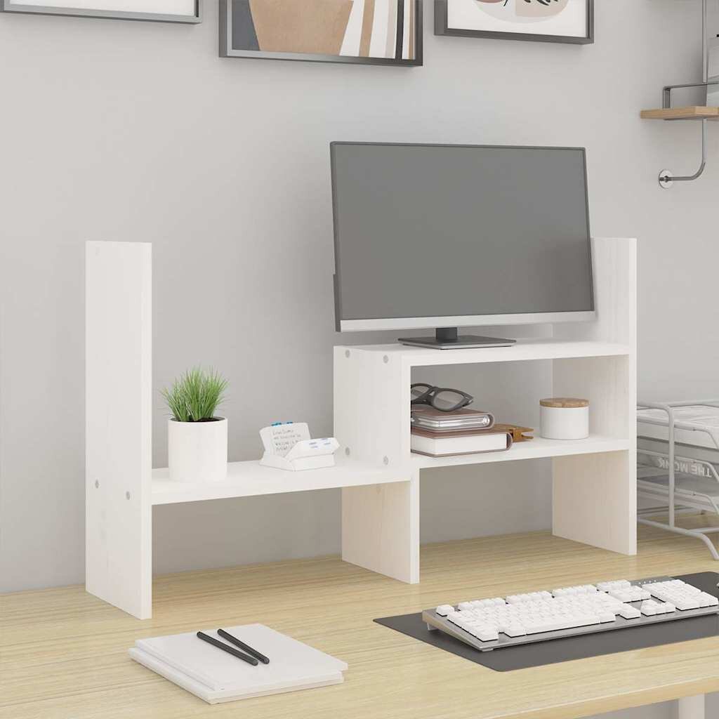 vidaXL Поставка за монитор бяла (39-72)x17x43 см бор масив