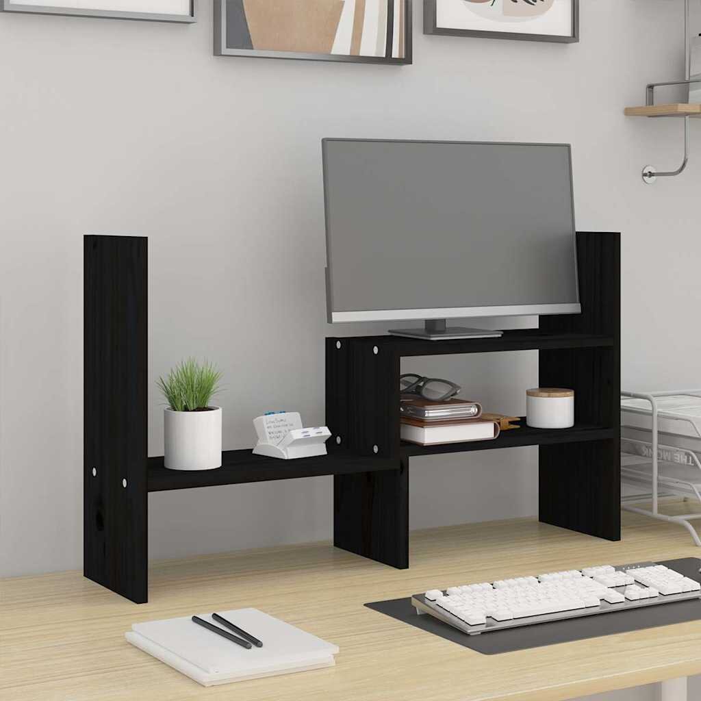 vidaXL Поставка за монитор черна (39-72)x17x43 см бор масив
