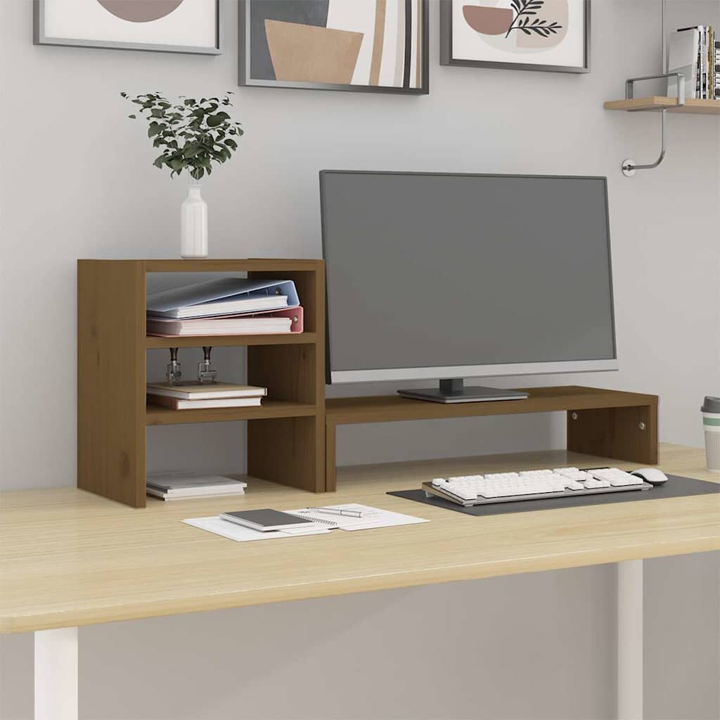 vidaXL Поставка за монитор меденокафява 81x20x30 см бор масив