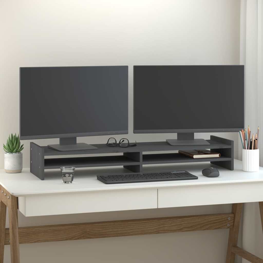 vidaXL Поставка за монитор сива 100x27x15 см бор масив