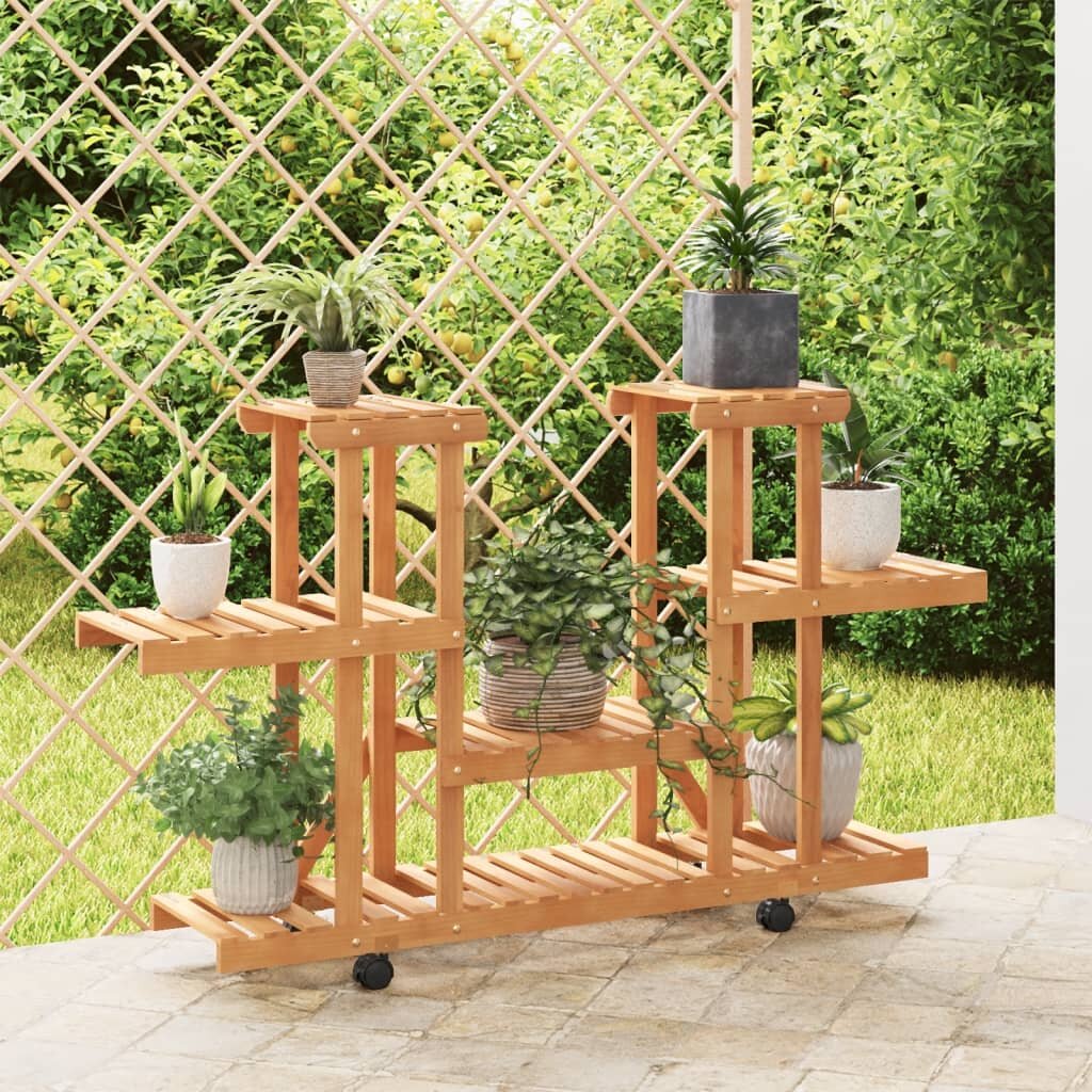 vidaXL Поставка за цветя с колелца 110x25x78 см масивна ела