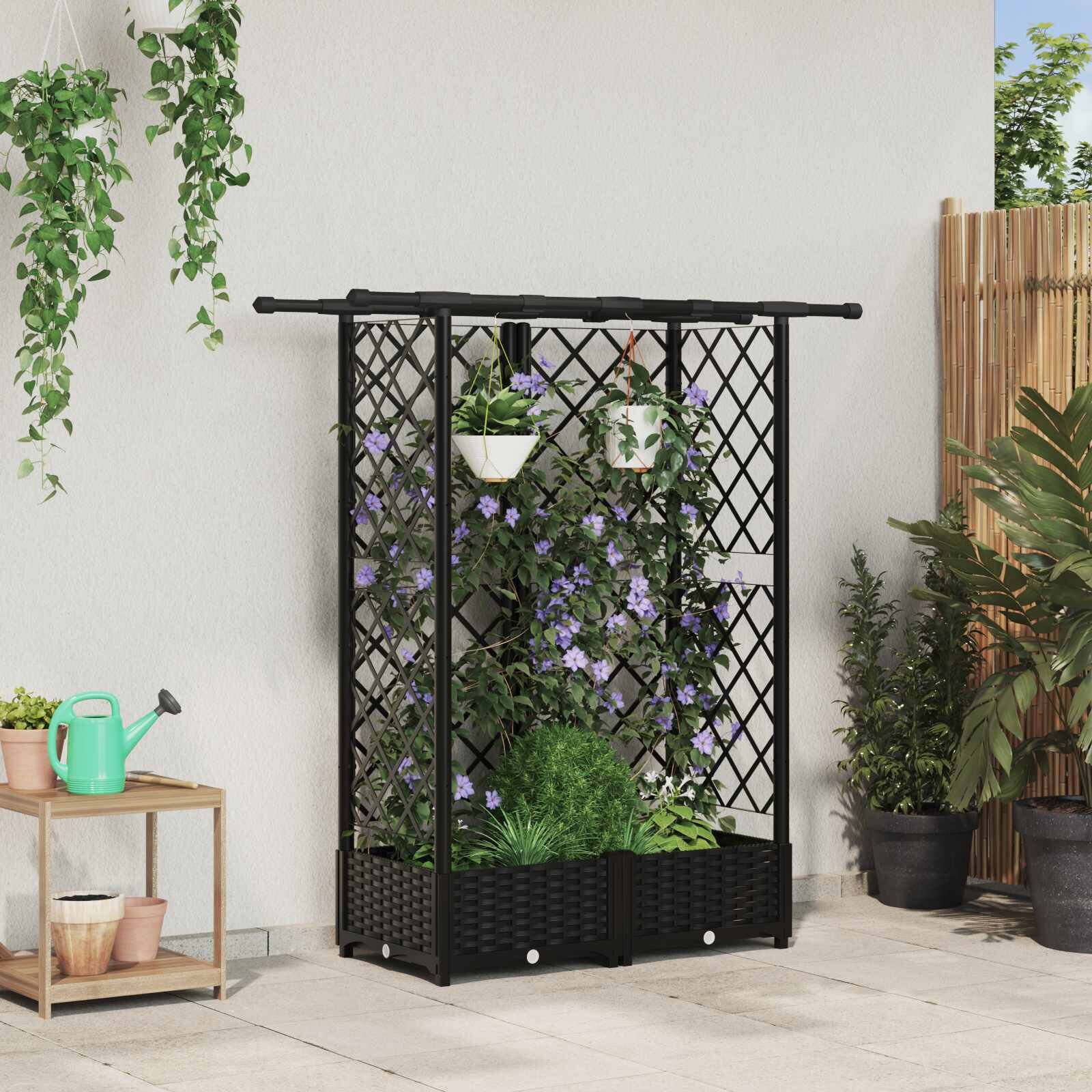 vidaXL Повдигнато легло с решетка и покривка Черно 124 x 40 x 121 см