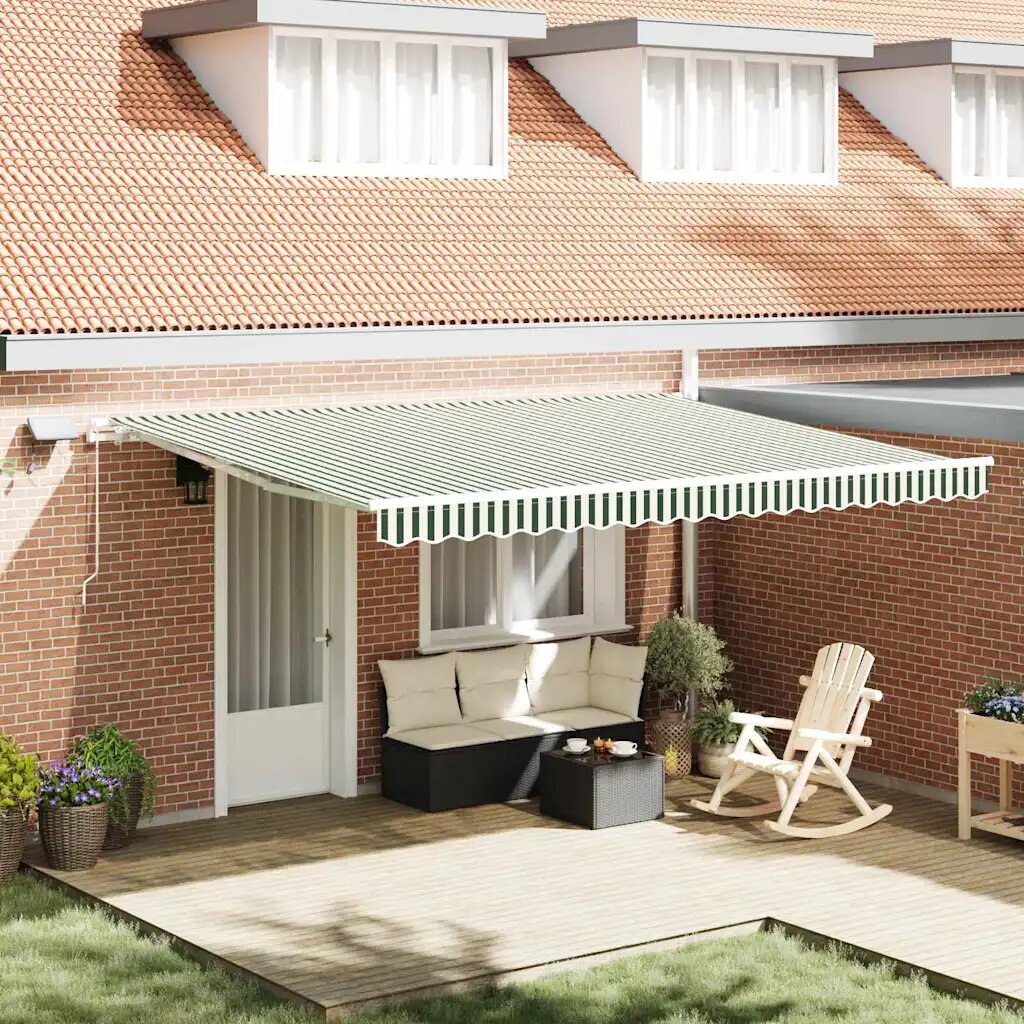 vidaXL Прибираща се тента Зелен и бял 450 × 300 cm Тъкан и алуминий
