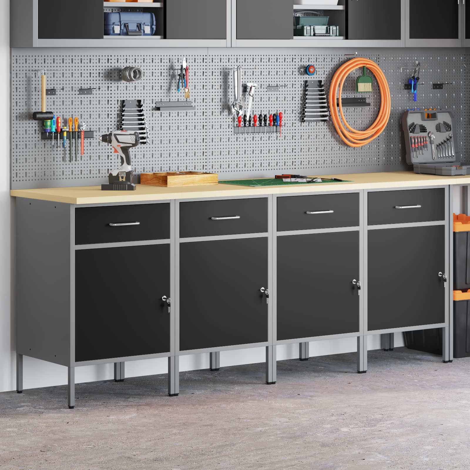 vidaXL Работен кабинет с чекмедже 4 бр. Черен и Сив 200 x 55 x 85 см