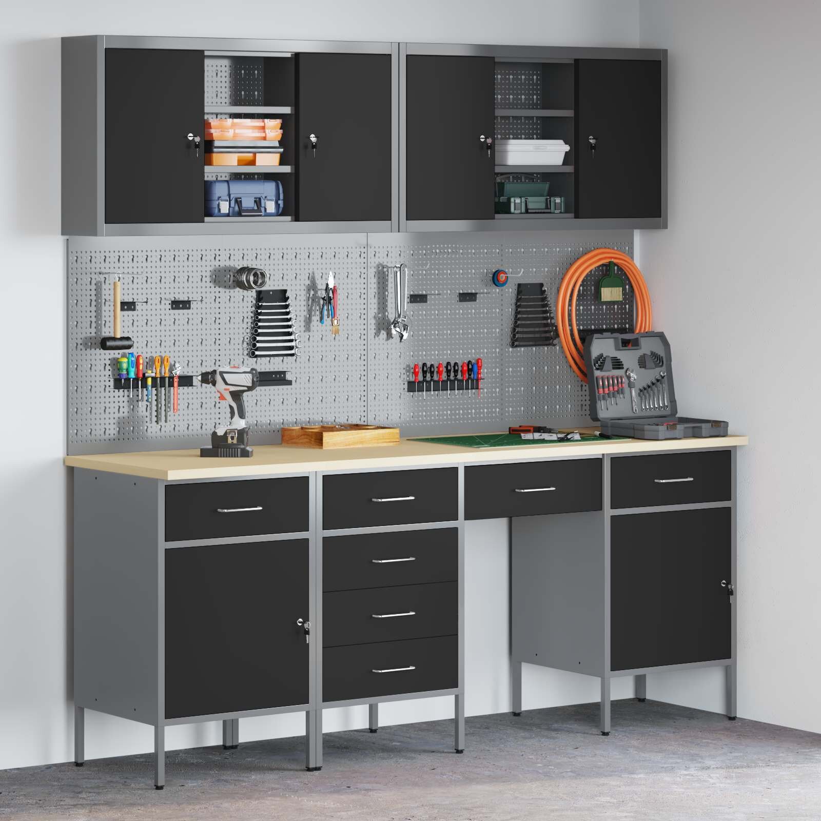 vidaXL Работен кабинет с чекмедже със съхранение 10 бр. Черен и Сив
