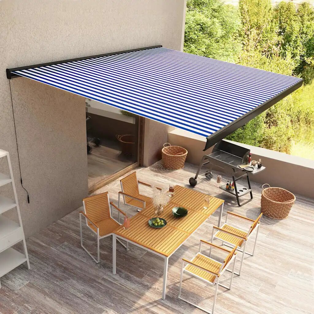 vidaXL Ръчна касетъчна тента 400x300 см синьо и бяло