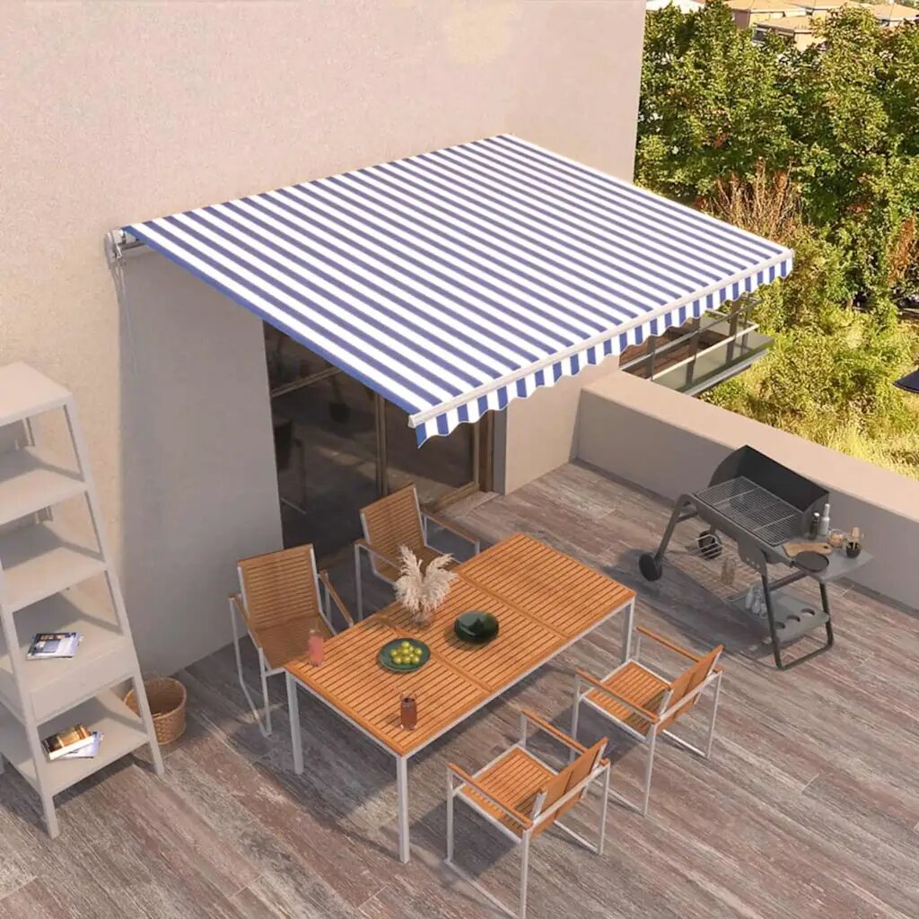 vidaXL Ръчно прибиращ се сенник 400x350 см синьо и бяло