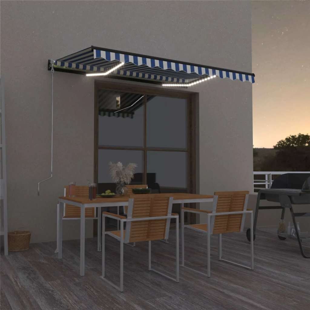 vidaXL Ръчно прибиращ се сенник с LED 350x250 см синьо и бяло