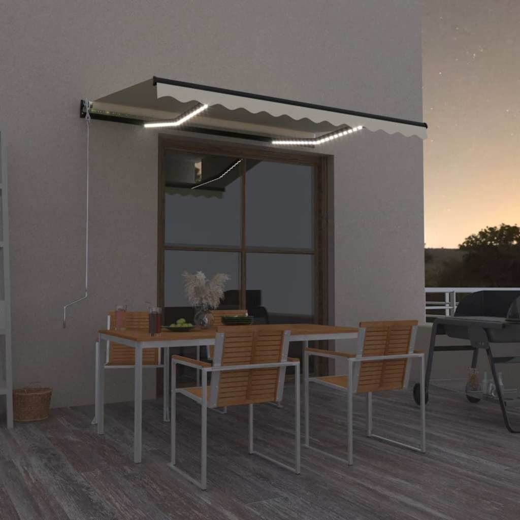 vidaXL Ръчно прибиращ се сенник с LED 350x250 см жълто и бяло