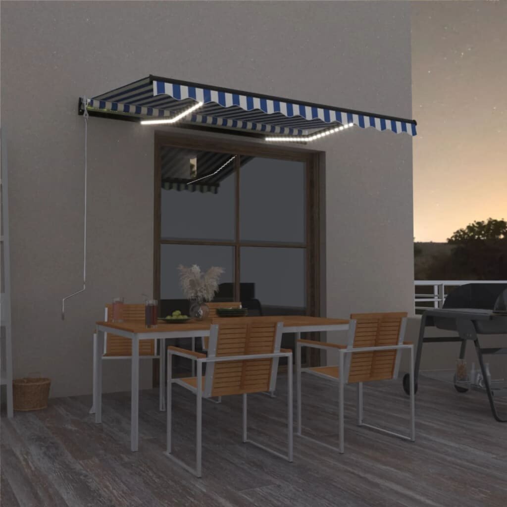vidaXL Ръчно прибиращ се сенник с LED 400x300 см синьо и бяло