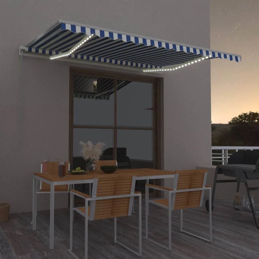 vidaXL Ръчно прибиращ се сенник с LED 400x350 см синьо и бяло