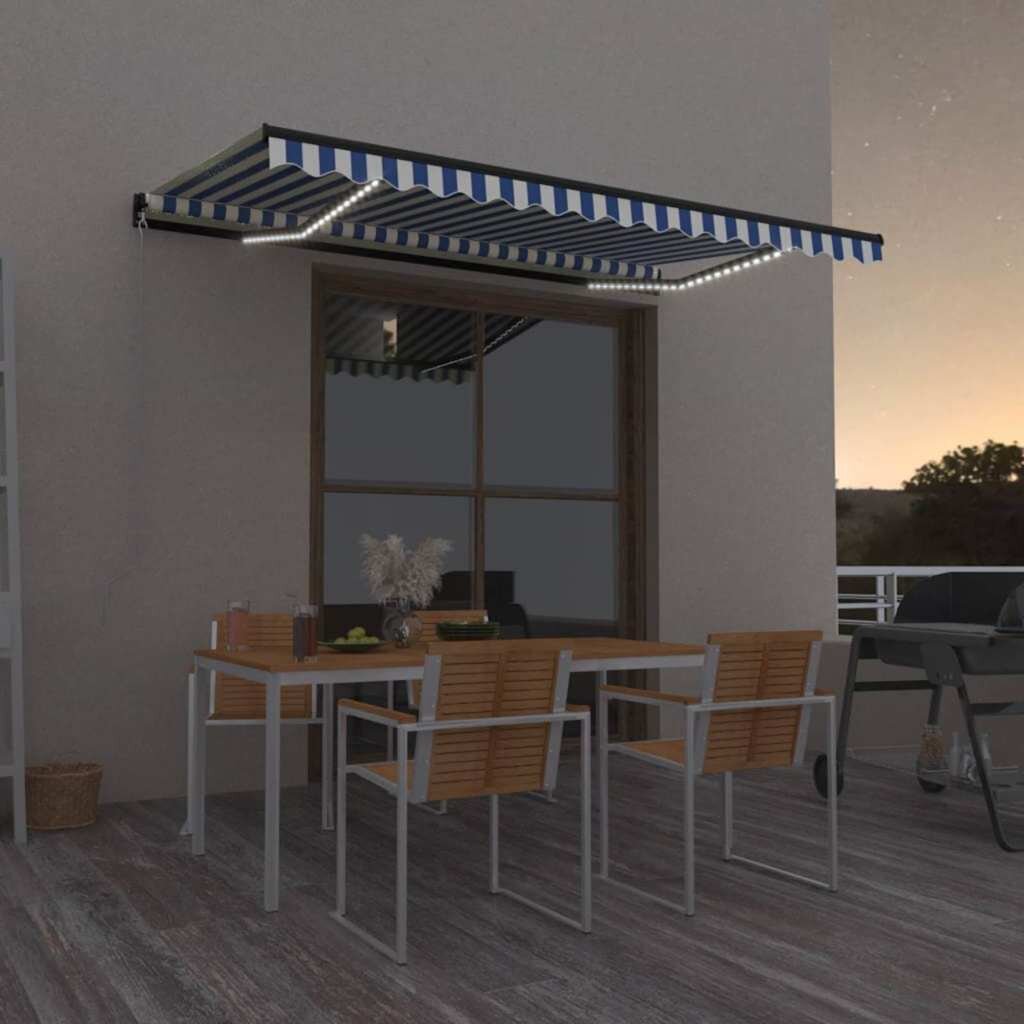 vidaXL Ръчно прибиращ се сенник с LED 400x350 см синьо и бяло