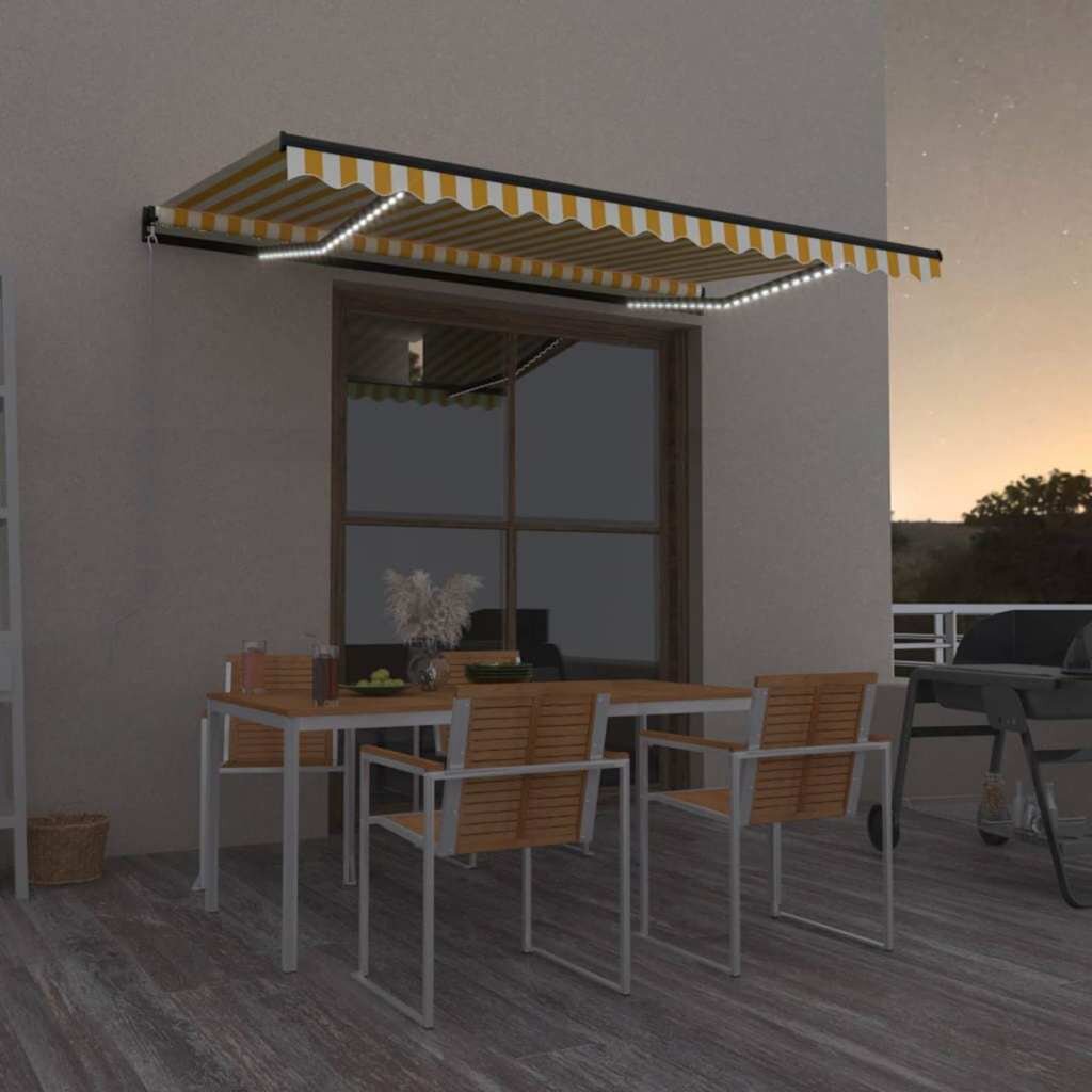 vidaXL Ръчно прибиращ се сенник с LED 400x350 см жълто и бяло