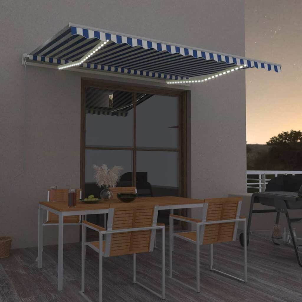 vidaXL Ръчно прибиращ се сенник с LED 450x350 см синьо и бяло