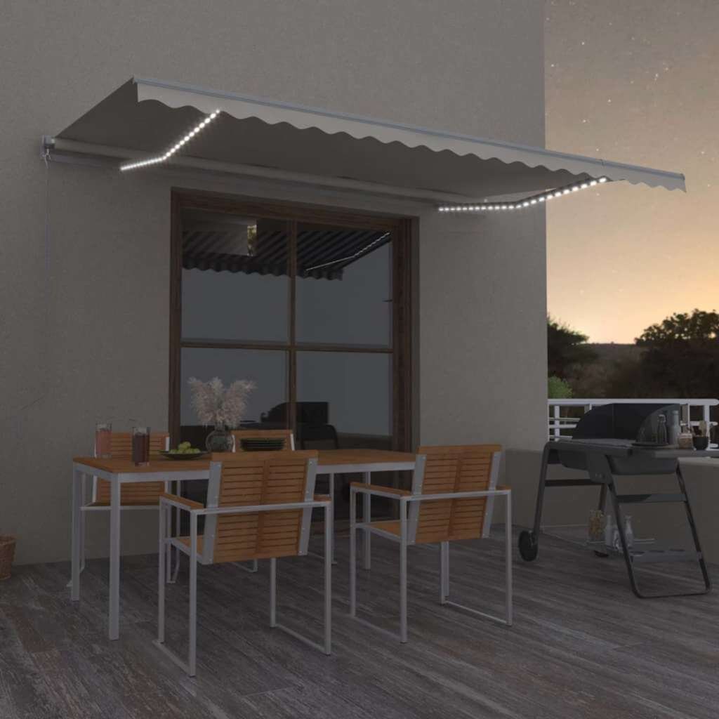 vidaXL Ръчно прибиращ се сенник с LED 500x300 см кремав