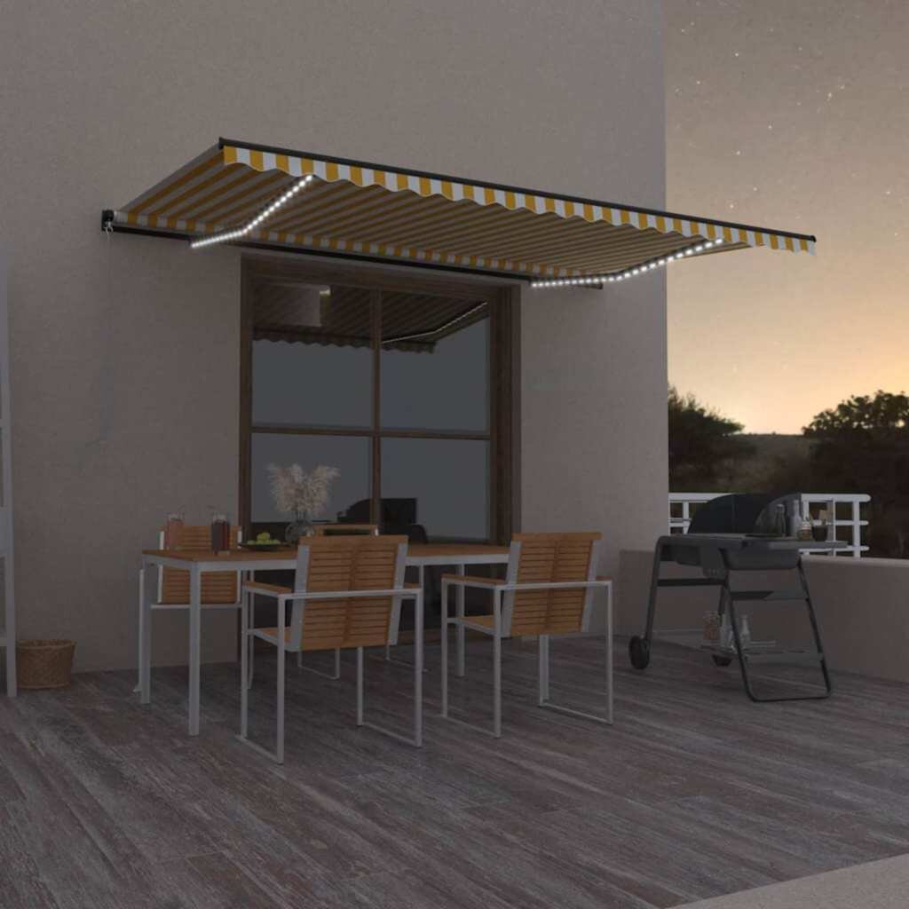 vidaXL Ръчно прибиращ се сенник с LED 500x300 см жълто и бяло