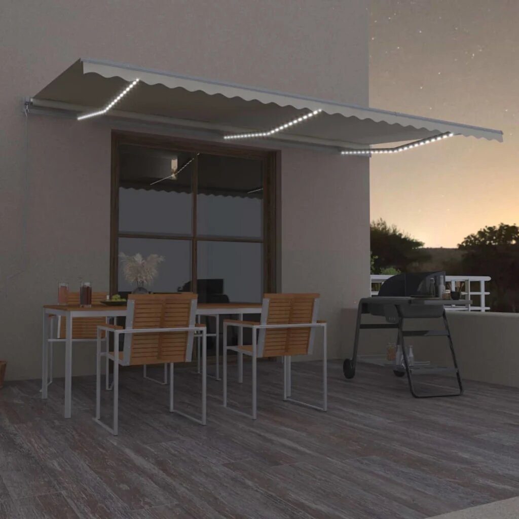 vidaXL Ръчно прибиращ се сенник с LED 600x300 см кремав
