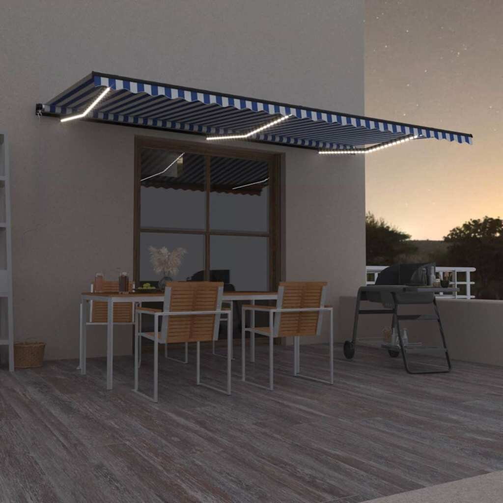 vidaXL Ръчно прибиращ се сенник с LED 600x350 см синьо и бяло