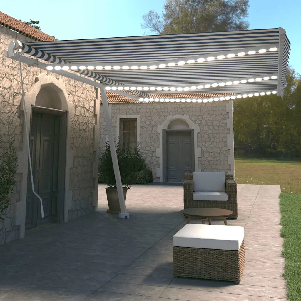 vidaXL Ръчно прибиращ се сенник с LED 600x350 см синьо и бяло