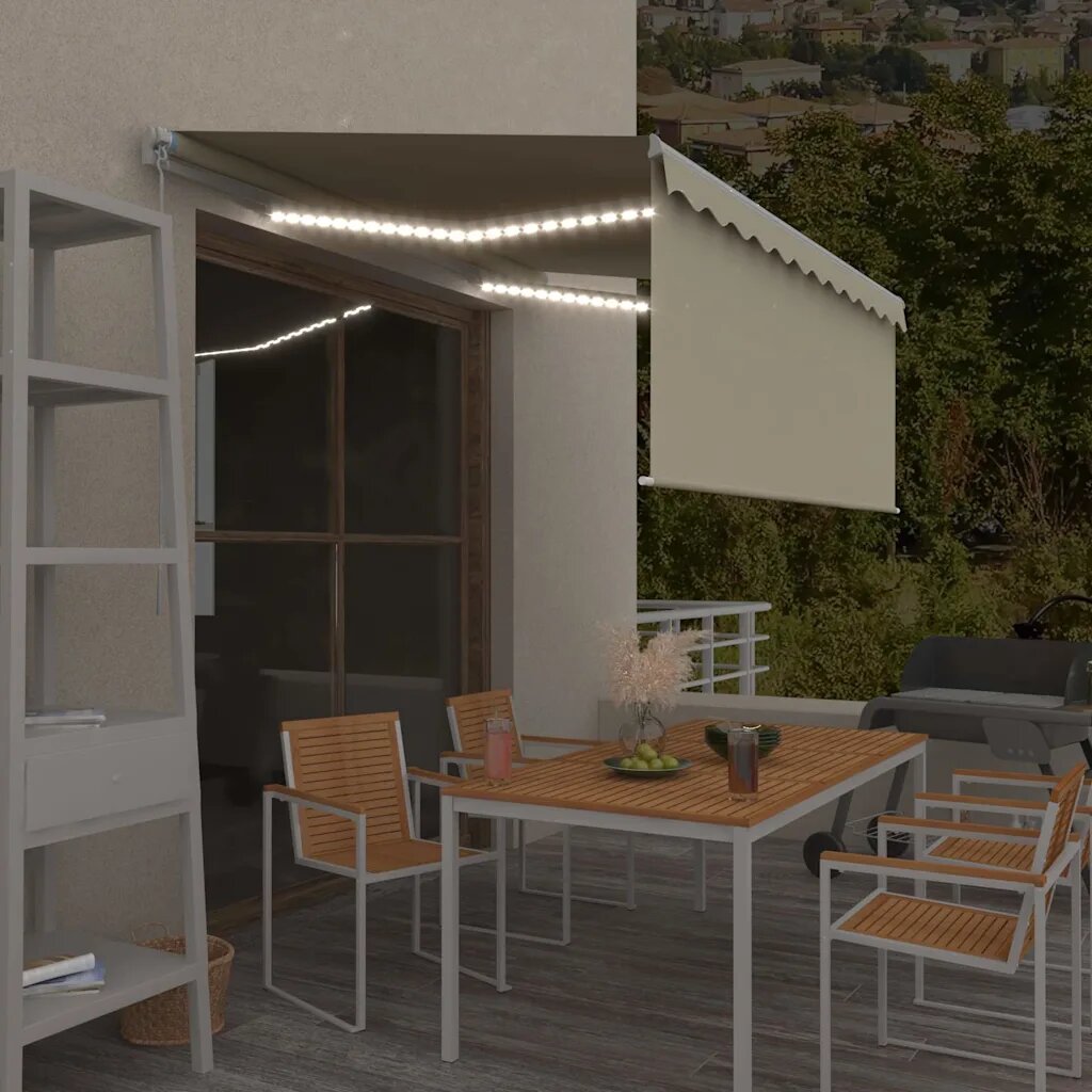 vidaXL Ръчно прибиращ се сенник с щора и LED 3x25 м кремав